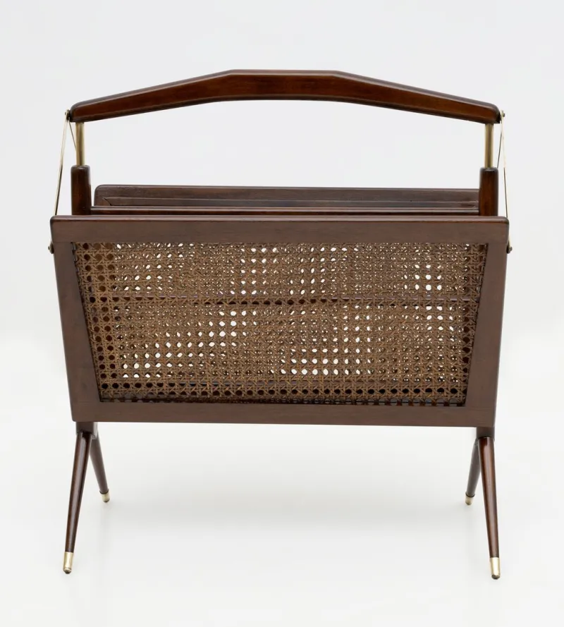 Pamono Mid-Century Modern Italian Wicker and Brass Magazine Rack by Cesare Lacca, 1950s> Magazine Racks