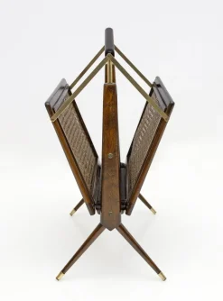 Pamono Mid-Century Modern Italian Wicker and Brass Magazine Rack by Cesare Lacca, 1950s><noscript><img width=