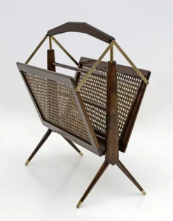 Pamono Mid-Century Modern Italian Wicker and Brass Magazine Rack by Cesare Lacca, 1950s><noscript><img width=