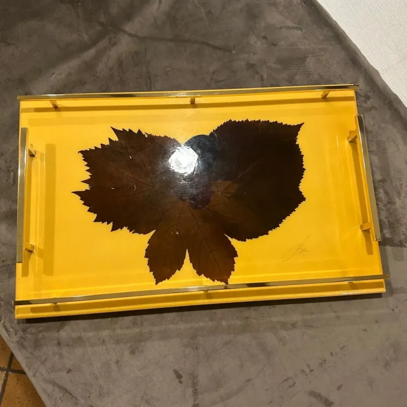 Pamono Mid-Century Modern Italian Lacquered Wood and Brass Serving Tray, 1960s> Trays