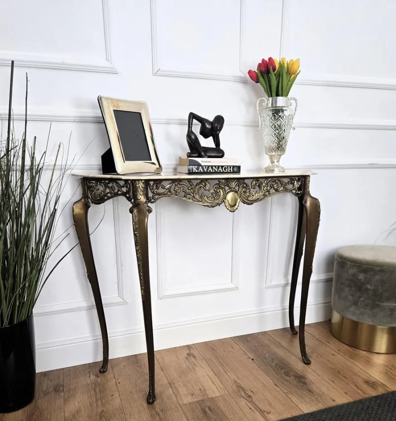 Pamono Mid-Century Modern Italian Brass Demilune Console Table with Marble Top, 1950s> Console Tables