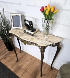 Pamono Mid-Century Modern Italian Brass Demilune Console Table with Marble Top, 1950s><noscript><img width=