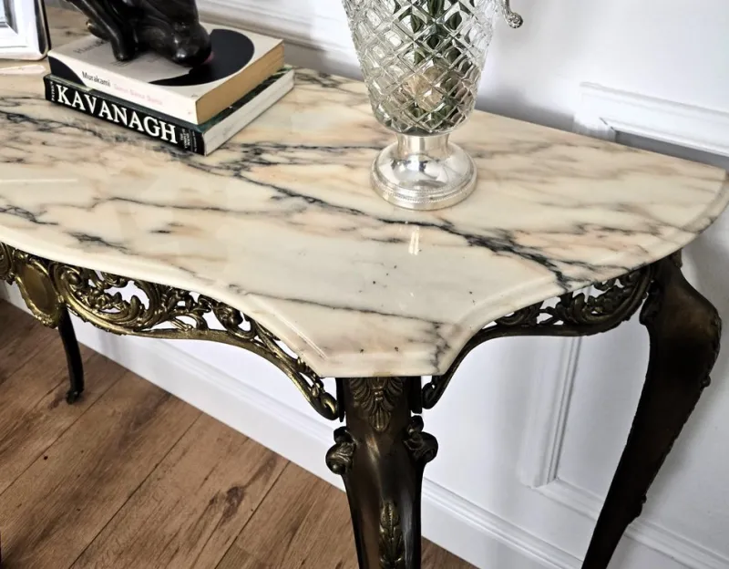Pamono Mid-Century Modern Italian Brass Demilune Console Table with Marble Top, 1950s> Console Tables