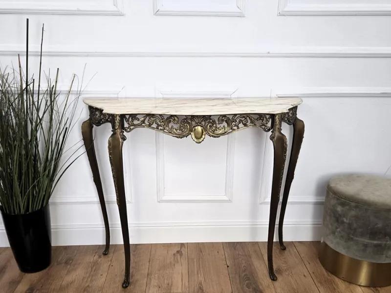 Pamono Mid-Century Modern Italian Brass Demilune Console Table with Marble Top, 1950s> Console Tables