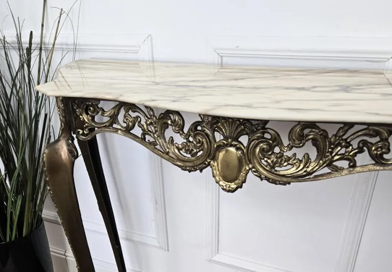 Pamono Mid-Century Modern Italian Brass Demilune Console Table with Marble Top, 1950s> Console Tables