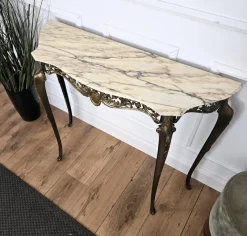 Pamono Mid-Century Modern Italian Brass Demilune Console Table with Marble Top, 1950s><noscript><img width=