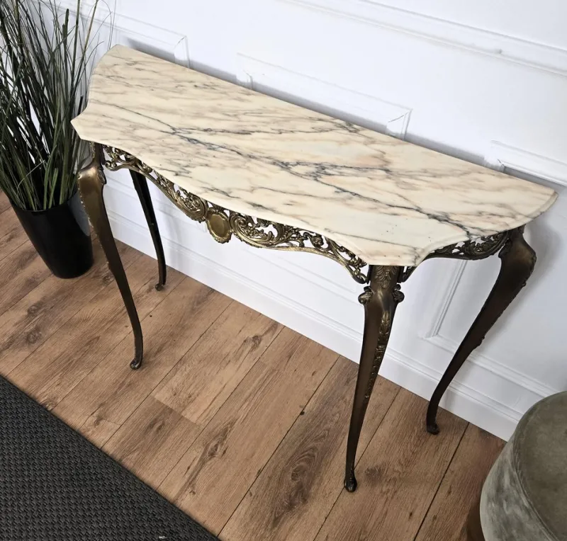 Pamono Mid-Century Modern Italian Brass Demilune Console Table with Marble Top, 1950s> Console Tables