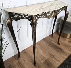 Pamono Mid-Century Modern Italian Brass Demilune Console Table with Marble Top, 1950s><noscript><img width=