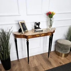 Pamono Mid-Century Modern Italian Black Wood and Brass Console Table with Marble Top, 1950s><noscript><img width=