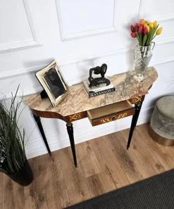 Pamono Mid-Century Modern Italian Black Wood and Brass Console Table with Marble Top, 1950s><noscript><img width=