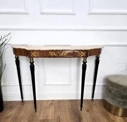 Pamono Mid-Century Modern Italian Black Wood and Brass Console Table with Marble Top, 1950s><noscript><img width=