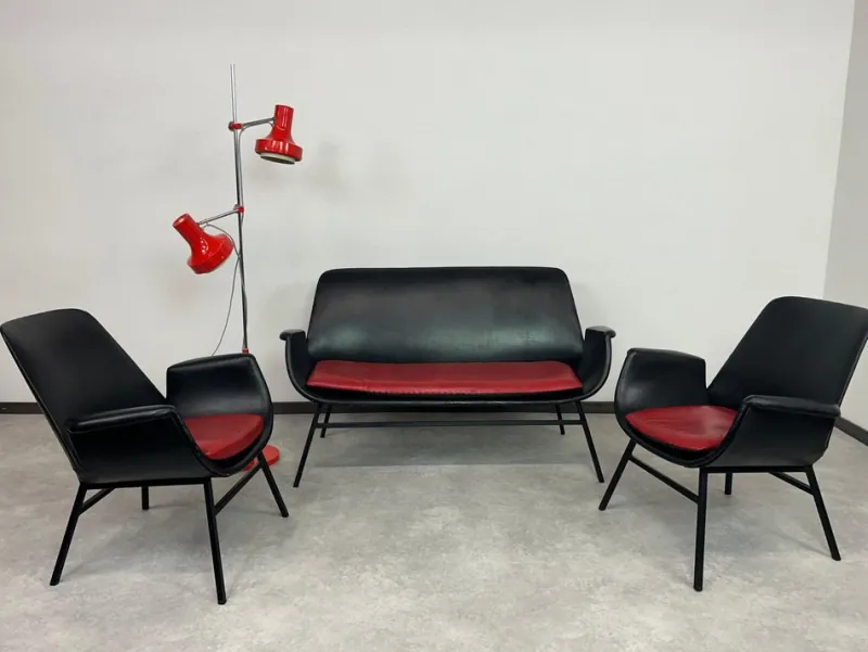 Pamono Mid-Century Modern Leather Seating Group by Gastone Rinaldi, 1970s, Set of 4> Living Room Sets