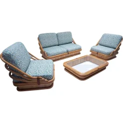 Pamono Mid-Century Modern Rattan Living Room Sofas, Armchair and Coffee Table, Set of 3