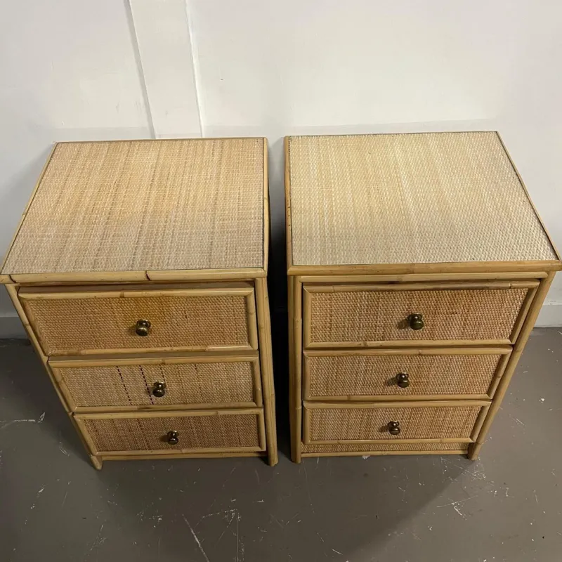 Pamono Mid-Century Modern Rattan Three-Drawer Bedside Tables, Set of 2