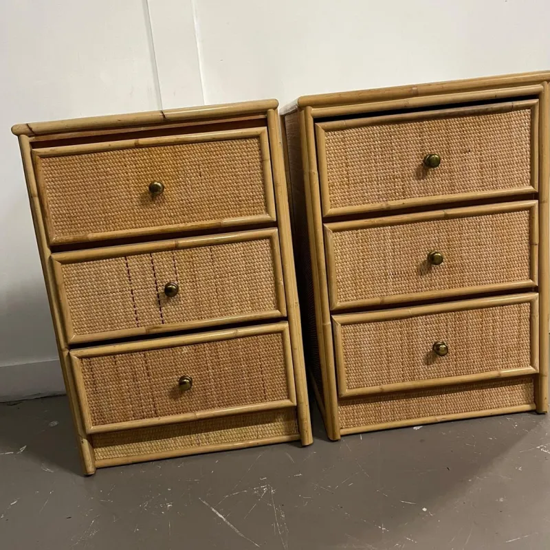 Pamono Mid-Century Modern Rattan Three-Drawer Bedside Tables, Set of 2