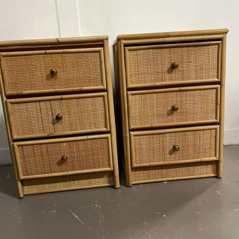 Pamono Mid-Century Modern Rattan Three-Drawer Bedside Tables, Set of 2