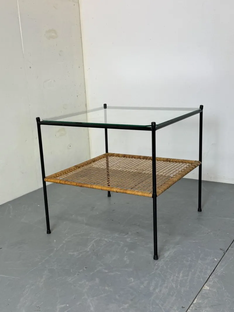 Pamono Mid-Century Modern Rattan and Glass Coffee Table by Dirk Van Sliedregt for Gebroeders Jonkers Noordwolde, 1950s> Coffee & Side Tables