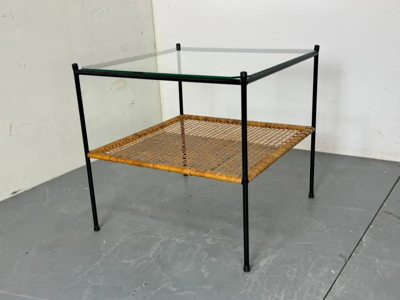 Pamono Mid-Century Modern Rattan and Glass Coffee Table by Dirk Van Sliedregt for Gebroeders Jonkers Noordwolde, 1950s> Coffee & Side Tables