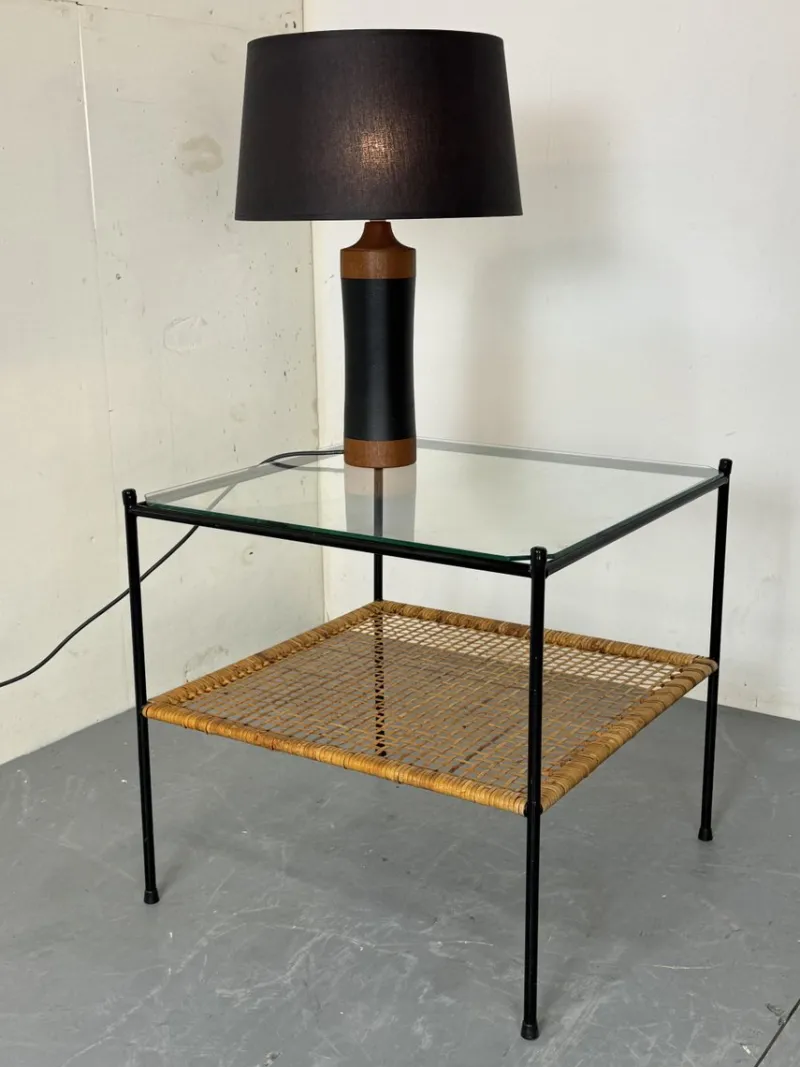 Pamono Mid-Century Modern Rattan and Glass Coffee Table by Dirk Van Sliedregt for Gebroeders Jonkers Noordwolde, 1950s> Coffee & Side Tables