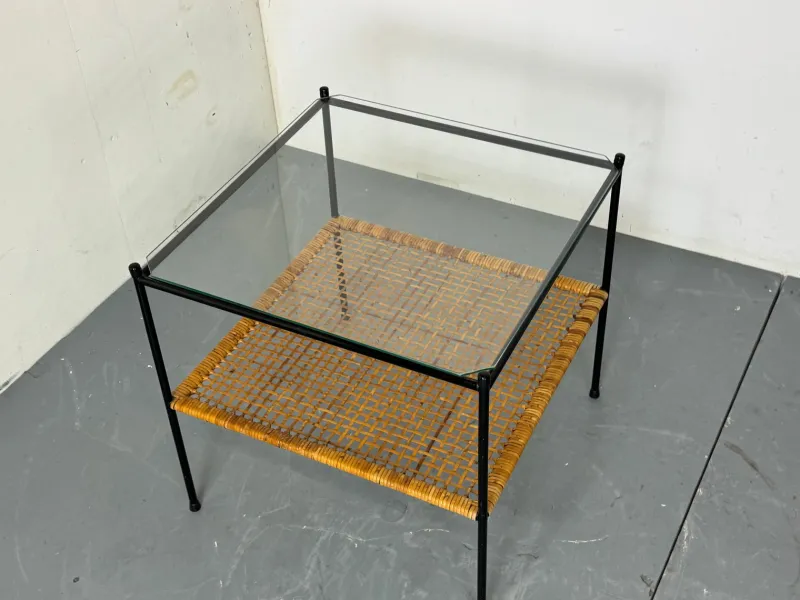 Pamono Mid-Century Modern Rattan and Glass Coffee Table by Dirk Van Sliedregt for Gebroeders Jonkers Noordwolde, 1950s> Coffee & Side Tables