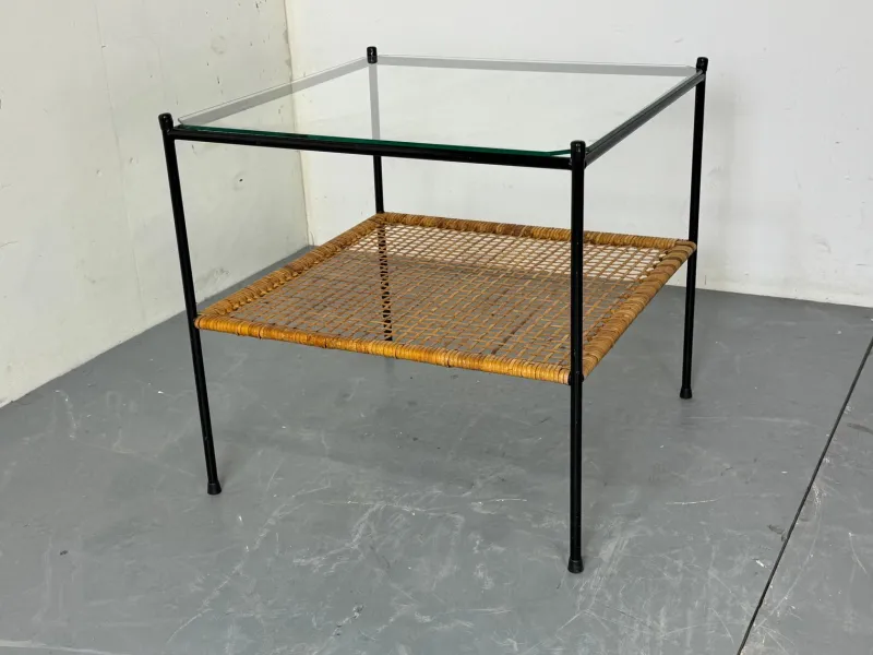 Pamono Mid-Century Modern Rattan and Glass Coffee Table by Dirk Van Sliedregt for Gebroeders Jonkers Noordwolde, 1950s> Coffee & Side Tables