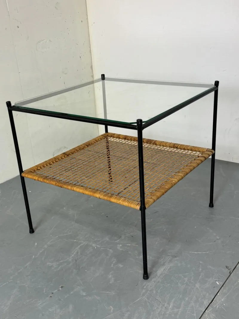 Pamono Mid-Century Modern Rattan and Glass Coffee Table by Dirk Van Sliedregt for Gebroeders Jonkers Noordwolde, 1950s> Coffee & Side Tables