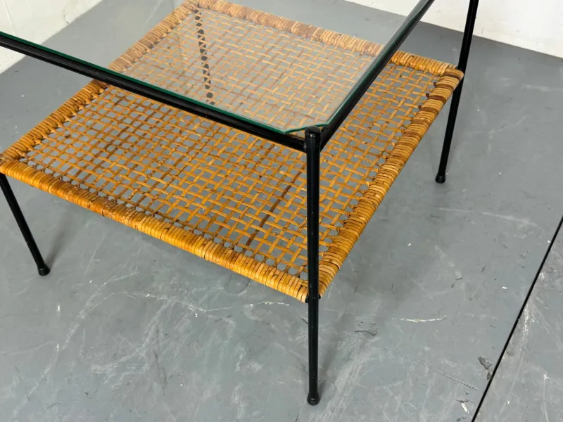 Pamono Mid-Century Modern Rattan and Glass Coffee Table by Dirk Van Sliedregt for Gebroeders Jonkers Noordwolde, 1950s> Coffee & Side Tables
