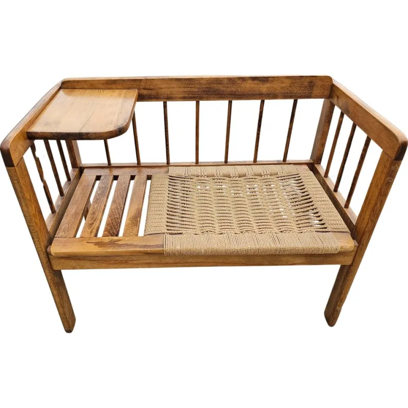 Pamono Mid-Century Modern Telephone Bench with Danish Paper Cord Seat, Former Yugoslavia, 1960s> Benches