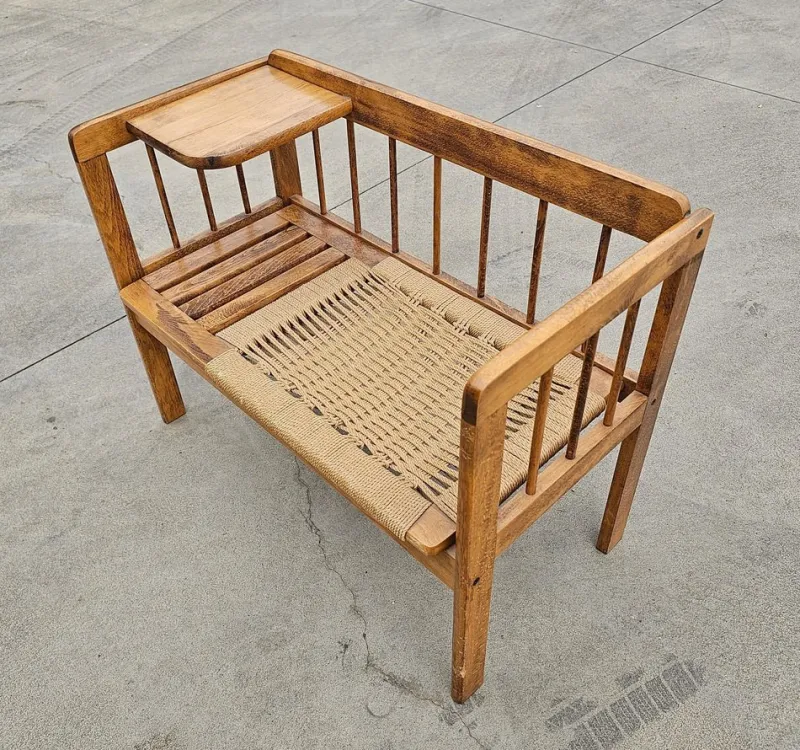 Pamono Mid-Century Modern Telephone Bench with Danish Paper Cord Seat, Former Yugoslavia, 1960s> Benches