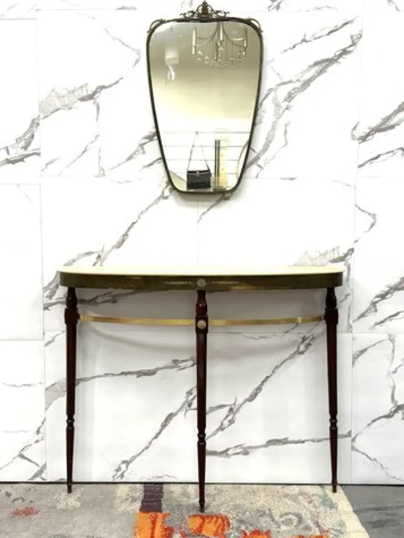 Pamono Mid-Century Modernist Console Table with Mirror in Brass, 1950s, Set of 2
