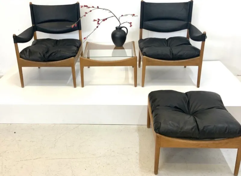 Online Pamono Mid-Century Modus Armchair, Table & Stool in Oak by Kristian Solmer Vedel for Soren Willadsen, Denmark, 1960s, Set of 4