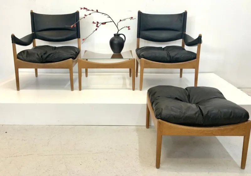 Online Pamono Mid-Century Modus Armchair, Table & Stool in Oak by Kristian Solmer Vedel for Soren Willadsen, Denmark, 1960s, Set of 4