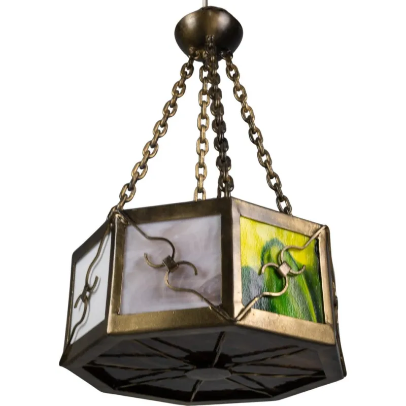 Pamono Mid-Century Octagonal Patinated Metal and Tiffany Glass Pendant Light, Germany> Ceiling Lights