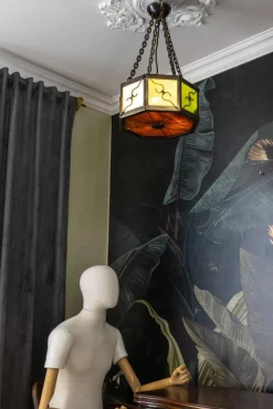 Pamono Mid-Century Octagonal Patinated Metal and Tiffany Glass Pendant Light, Germany><noscript><img width=