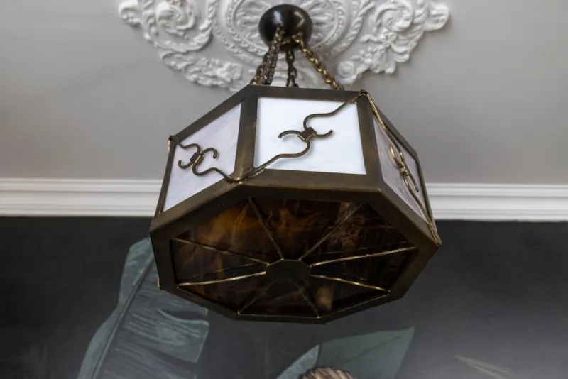 Pamono Mid-Century Octagonal Patinated Metal and Tiffany Glass Pendant Light, Germany> Ceiling Lights