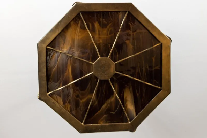 Pamono Mid-Century Octagonal Patinated Metal and Tiffany Glass Pendant Light, Germany> Ceiling Lights