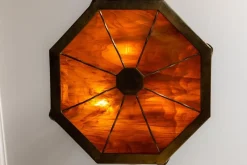 Pamono Mid-Century Octagonal Patinated Metal and Tiffany Glass Pendant Light, Germany><noscript><img width=