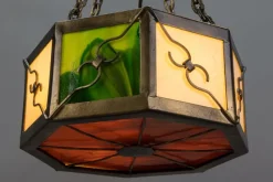 Pamono Mid-Century Octagonal Patinated Metal and Tiffany Glass Pendant Light, Germany><noscript><img width=