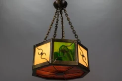 Pamono Mid-Century Octagonal Patinated Metal and Tiffany Glass Pendant Light, Germany><noscript><img width=