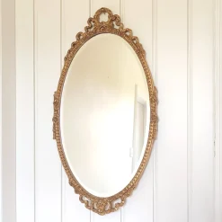 New Pamono Mid-Century Oval Gilt Wood Ornate Wall Mirror, 1950s