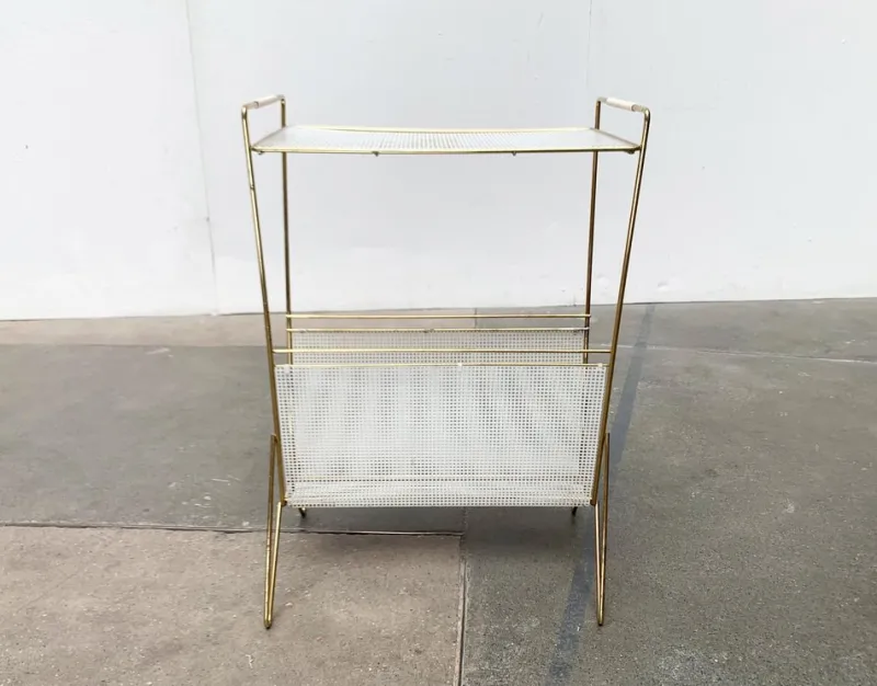Clearance Pamono Mid-Century Perforated Metal Magazine Holder and Side Table, 1960s
