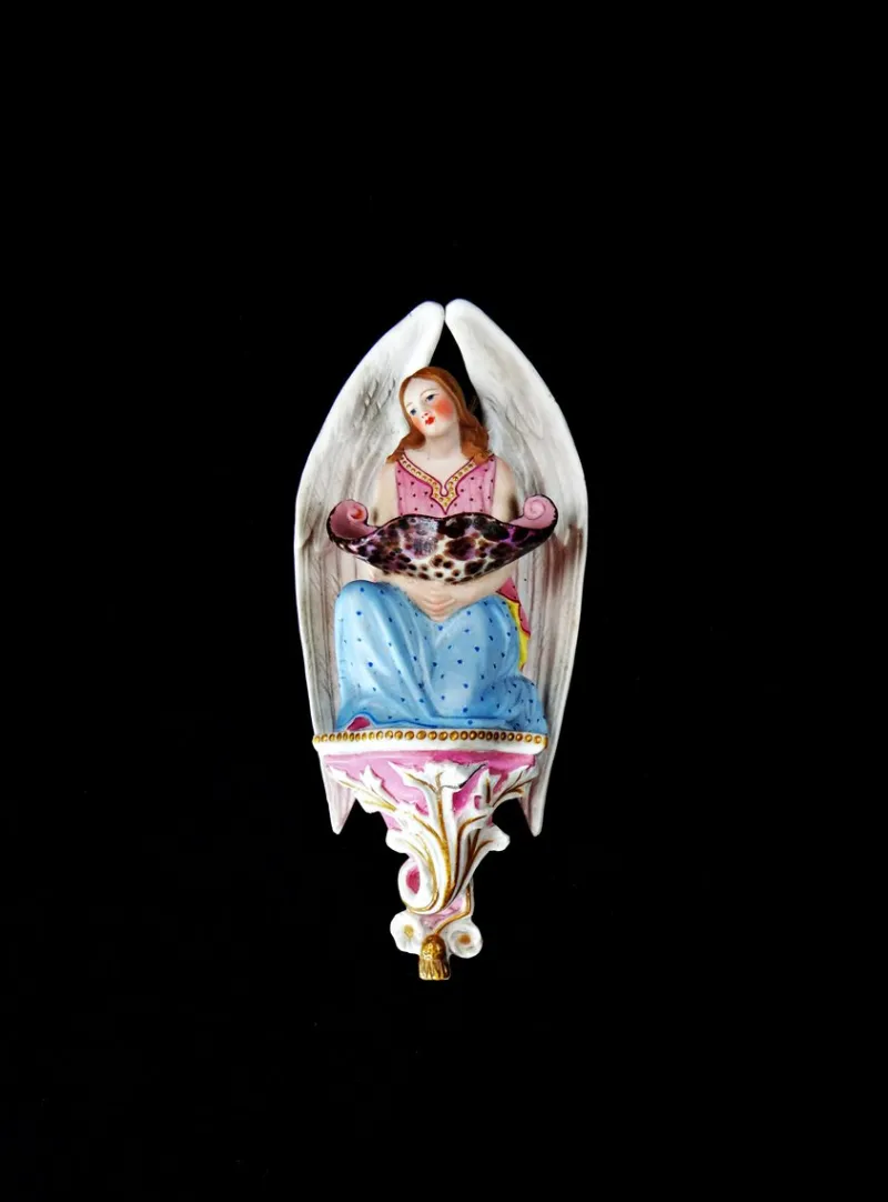 Outlet Pamono Mid-Century Polychrome Porcelain Biscuit Holy Water Font of Angel with Shell, 1950s