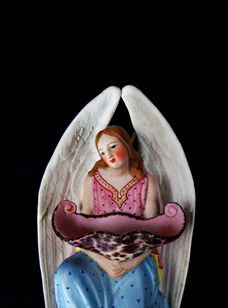 Outlet Pamono Mid-Century Polychrome Porcelain Biscuit Holy Water Font of Angel with Shell, 1950s