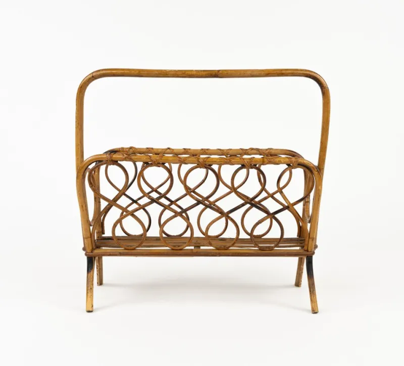 Sale Pamono Mid-Century Rattan and Bamboo Magazine Rack, Italy, 1960s