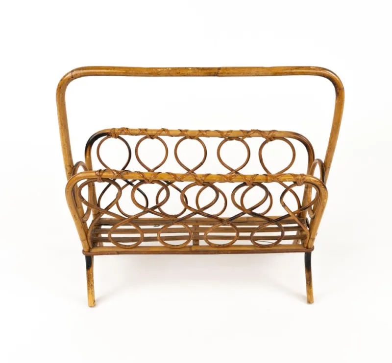 Sale Pamono Mid-Century Rattan and Bamboo Magazine Rack, Italy, 1960s