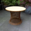 Pamono Mid-Century Round Bamboo and Wicker Garden Table with Yellow Top> Garden Tables