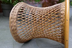 Pamono Mid-Century Round Bamboo and Wicker Garden Table with Yellow Top><noscript><img width=