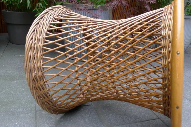 Pamono Mid-Century Round Bamboo and Wicker Garden Table with Yellow Top> Garden Tables