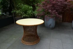 Pamono Mid-Century Round Bamboo and Wicker Garden Table with Yellow Top><noscript><img width=