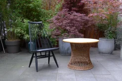 Pamono Mid-Century Round Bamboo and Wicker Garden Table with Yellow Top><noscript><img width=
